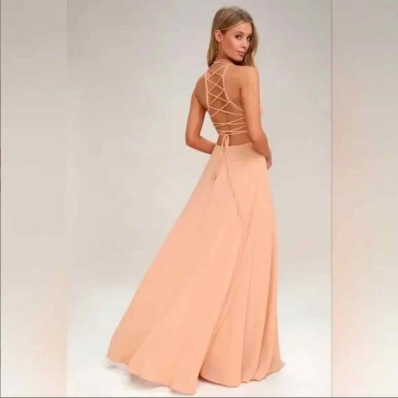 Lulus Bridesmaids Dress Maxi Open Back Lace up Blush Pink Peach Small - Picture 1 of 10